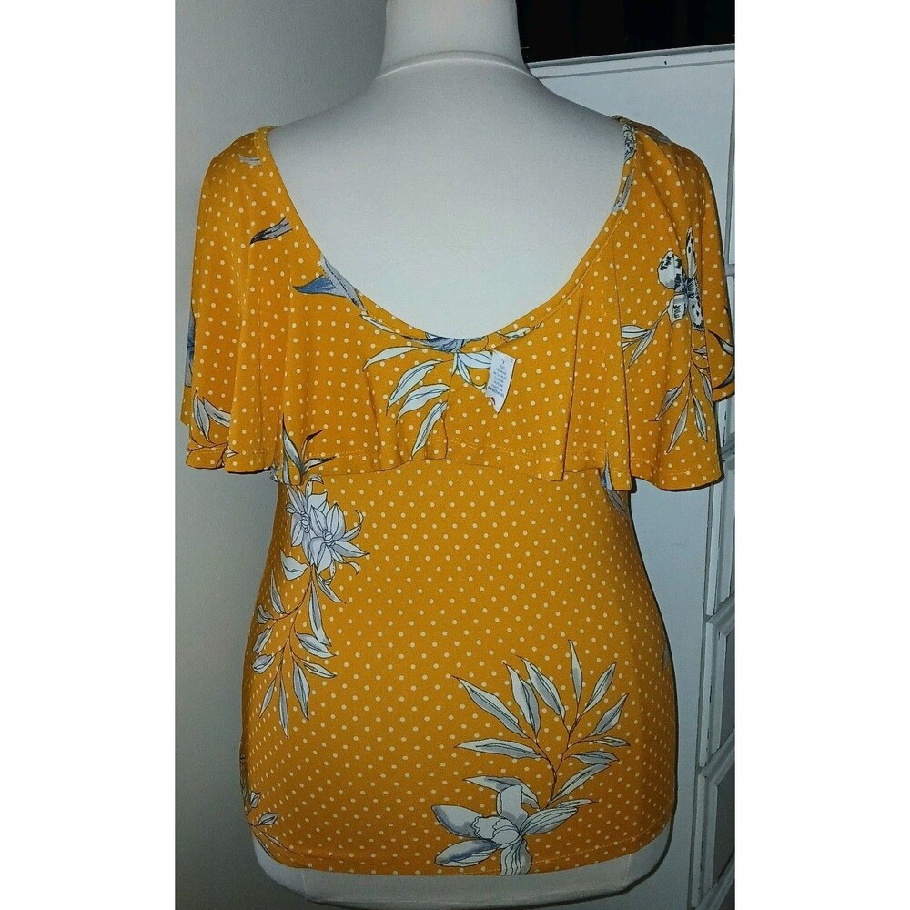 NWT ROUGE COLLECTION Womens 2X/1X Peasant Boho Polka Dot Floral Overlay Top Gold - Picture 8 of 11